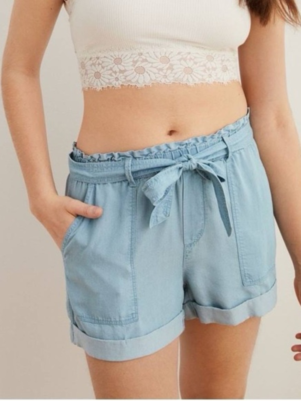 NWT aerie Camp Paperbag Waist Chambray 100% Lyocell Shorts Size XL